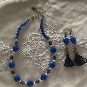 Elegant Hand-Made Blue Beaded Necklace and Earring Set